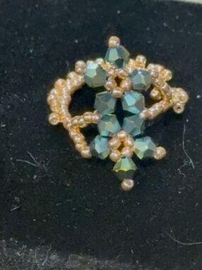 Gold Beaded Ring with Iridescent Green Crystal Cluster